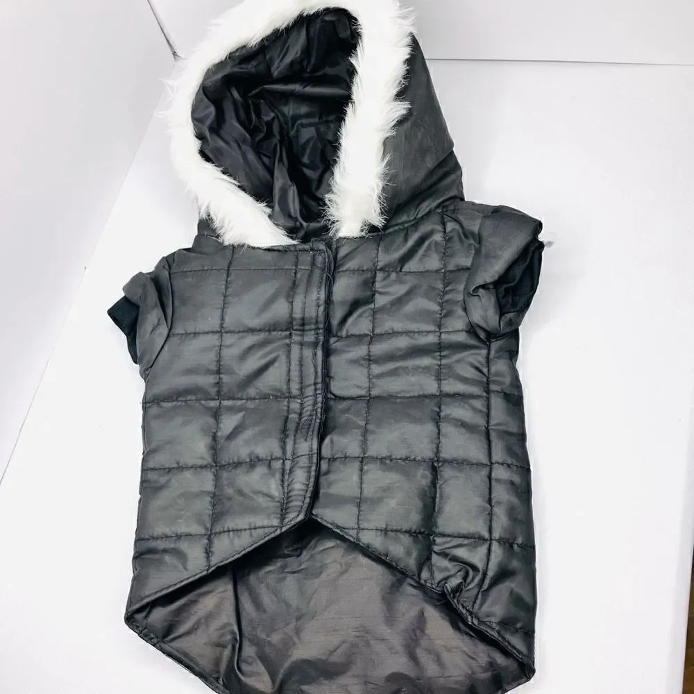Small Dog Puffer Sleeveless Vel cro Fastened Fur Hoodie In Black